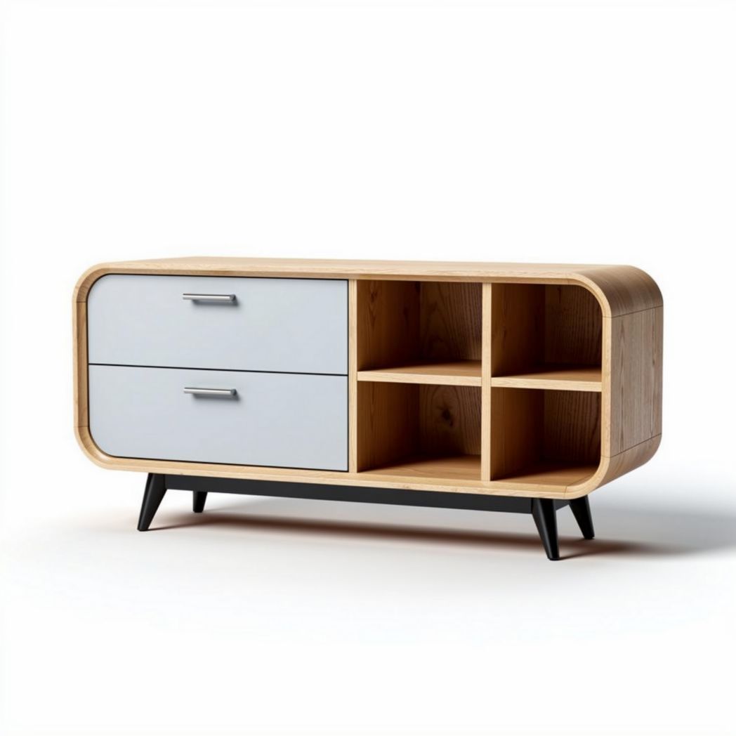 Wooden storage cabinet with two drawers and open shelving 120 x 40 x 50cm