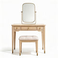 Wooden vanity table with mirror and upholstered stool in natural finish