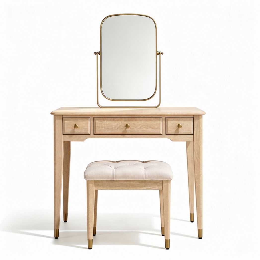 Wooden vanity table with mirror and upholstered stool in natural finish