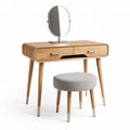 Wooden vanity table with mirror and upholstered stool in natural finish