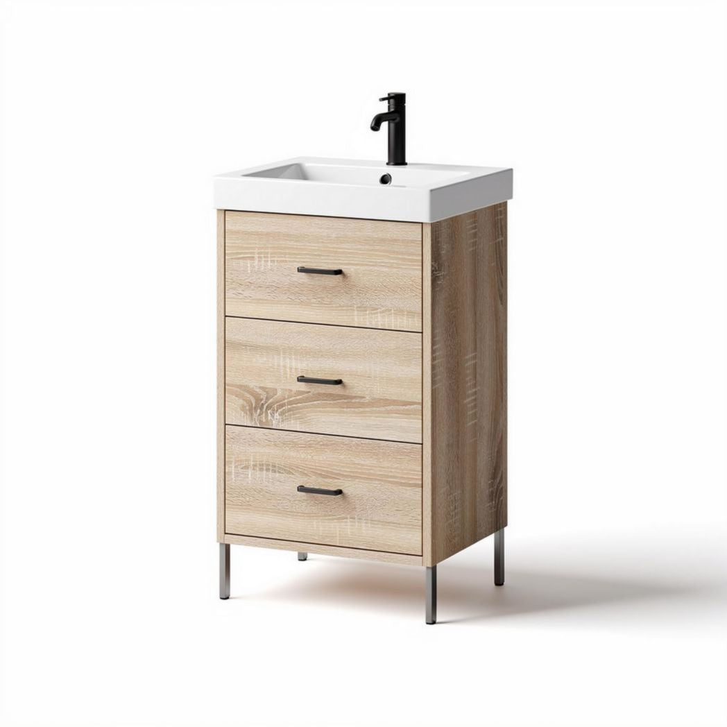 Wooden bathroom vanity with three drawers and ceramic sink 60 x 40 x 85cm
