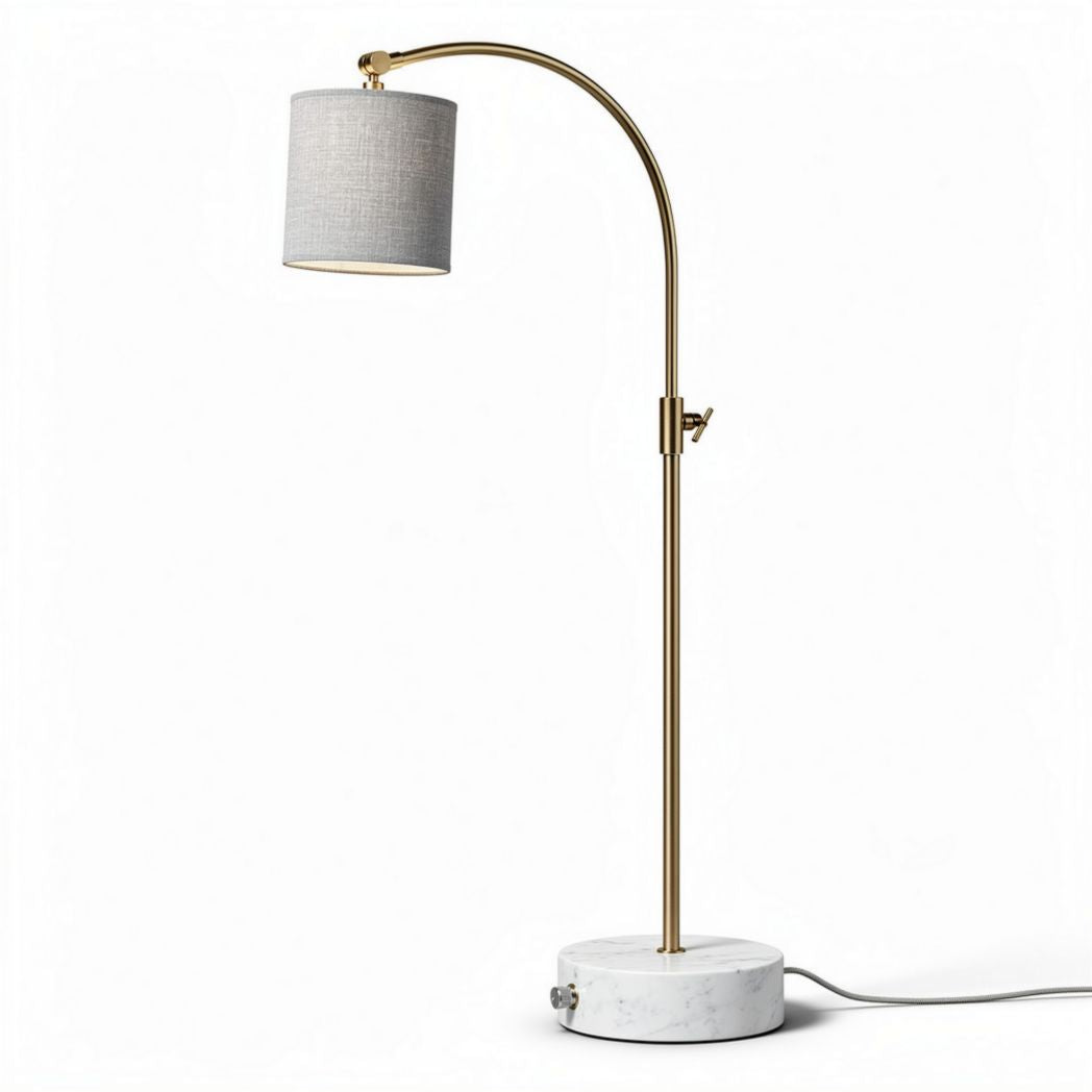 Arc floor lamp with marble base and gray fabric shade 30 x 20 x 50cm