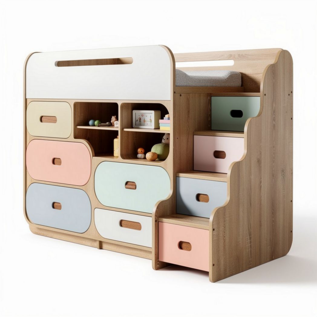 Wooden multifunctional storage unit with steps and pastel drawers 120 x 60 x 100cm