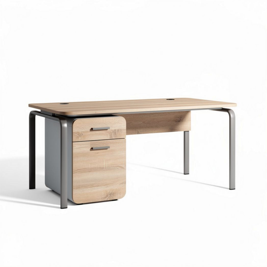 Wooden desk with metal legs featuring two drawers 140 x 70 x 75cm