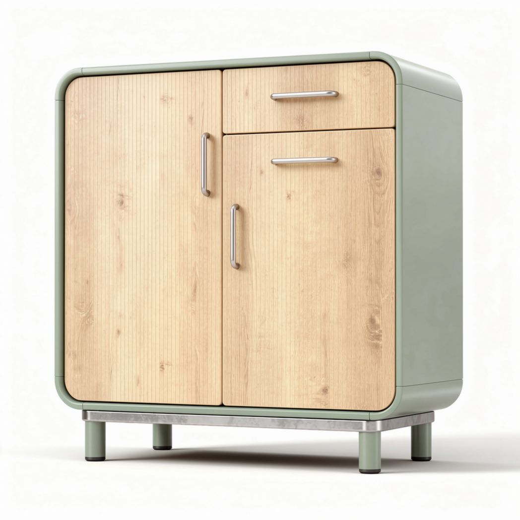 Wood and metal storage cabinet in green and wood finish 60 x 40 x 80cm