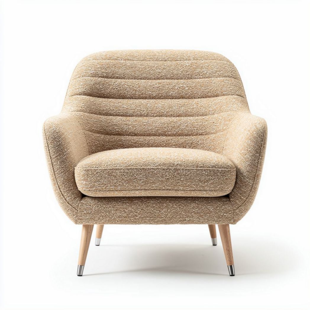 Beige fabric accent chair with wooden legs and modern ergonomic design