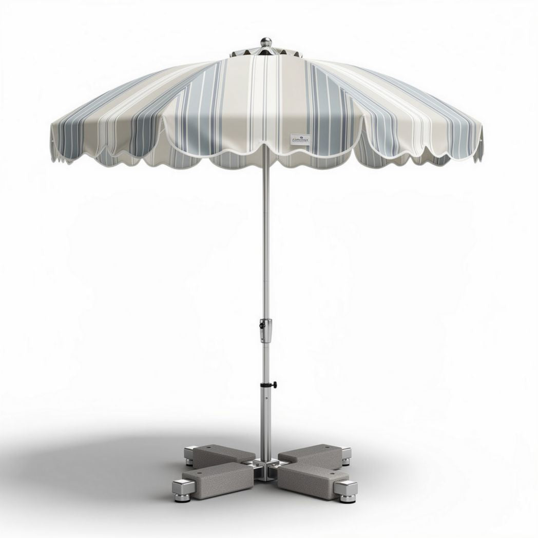 Striped patio umbrella with aluminum frame and 200 x 200 x 250cm dimensions